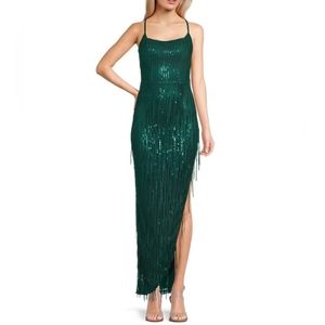 Scoop Neck Fringe Sequin Asymmetrical Hem Long Dress